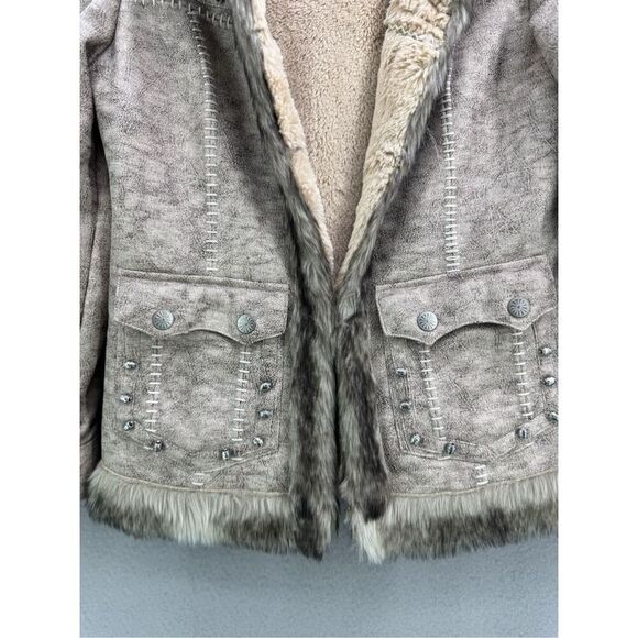 Powder River Outfitters Womens Tan Brown Faux Leather Fur Embellished Jacket Siz - Picture 3 of 8